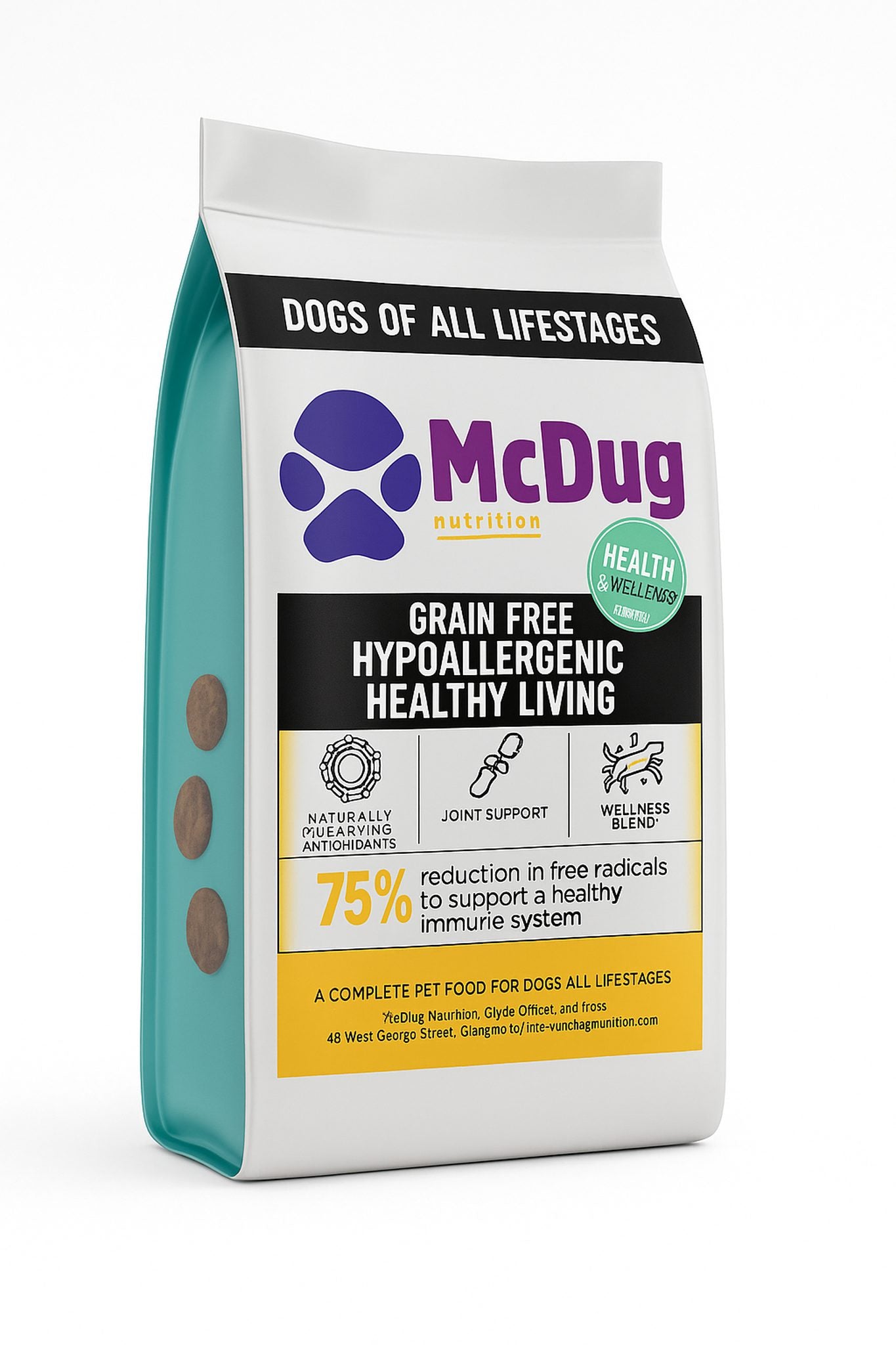 McDug Health & Wellness Hypoallergenic Healthy Living — grain-free salmon dog food with Wellness Blend bag render 