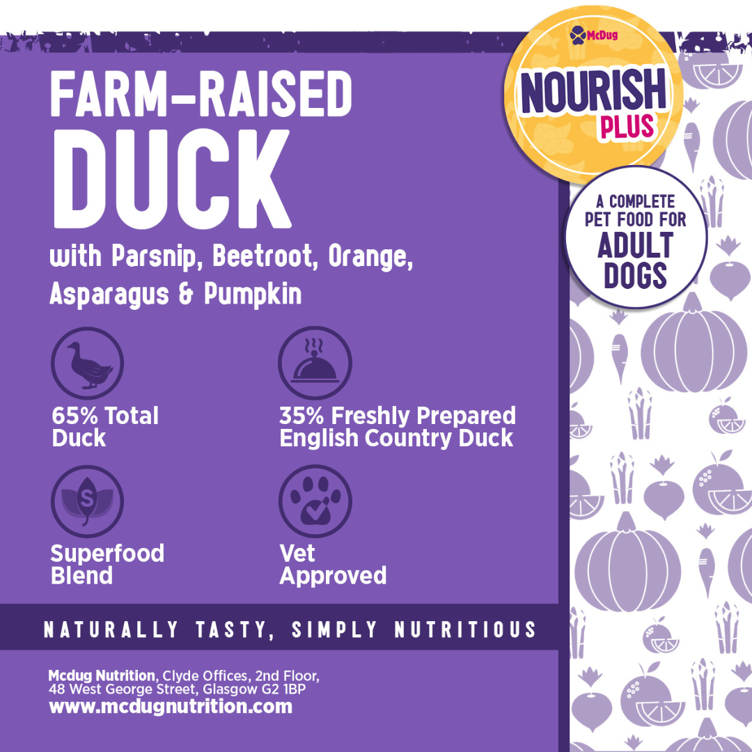 Nourish Plus Farm Raised Duck with Parsnip, Beetroot, Orange, Asparagus & Pumpkin (Adult Dog)