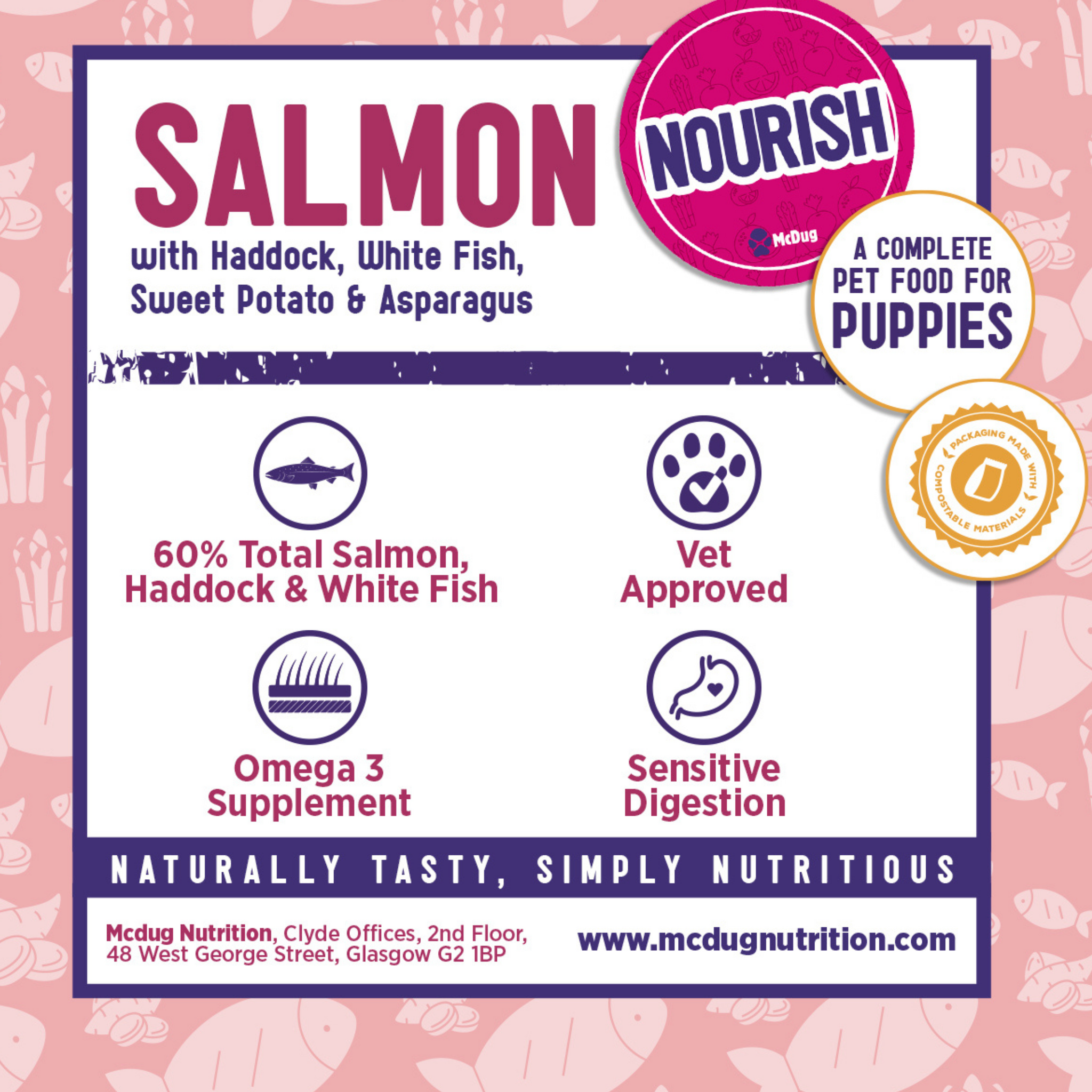 Nourish Grain Free Salmon with Haddock, Blue Whiting, Sweet Potato & Asparagus (Puppy)