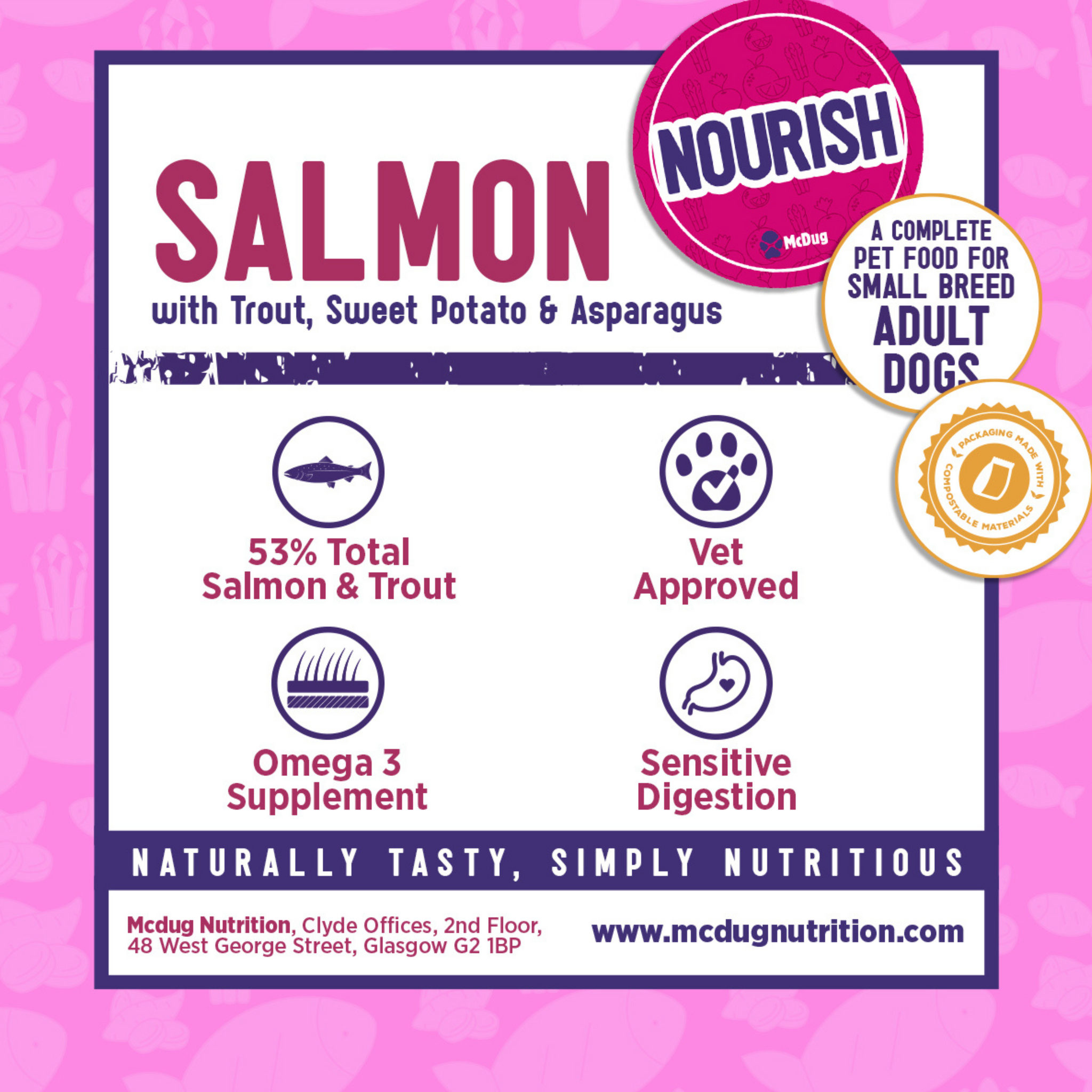 Packaging of Nourish Grain Free Salmon with Trout Small Breed Dog Food ...