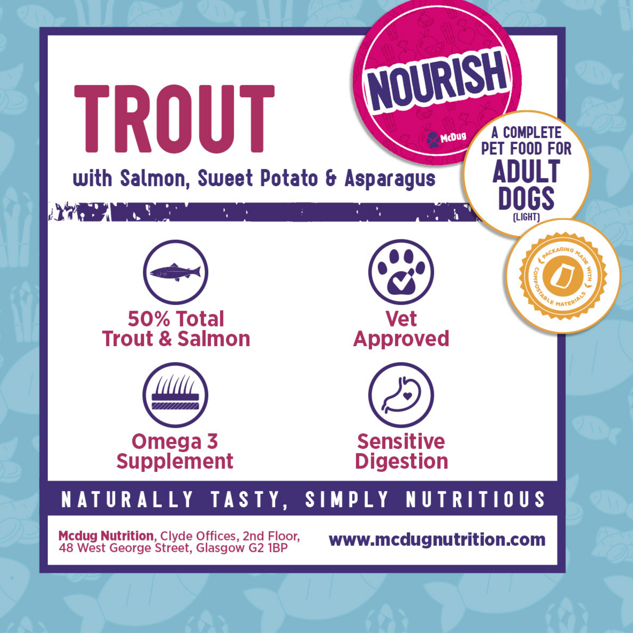 Nourish  Grain Free Trout with Salmon & Sweet Potato & Asparagus (Senior Dog/light)